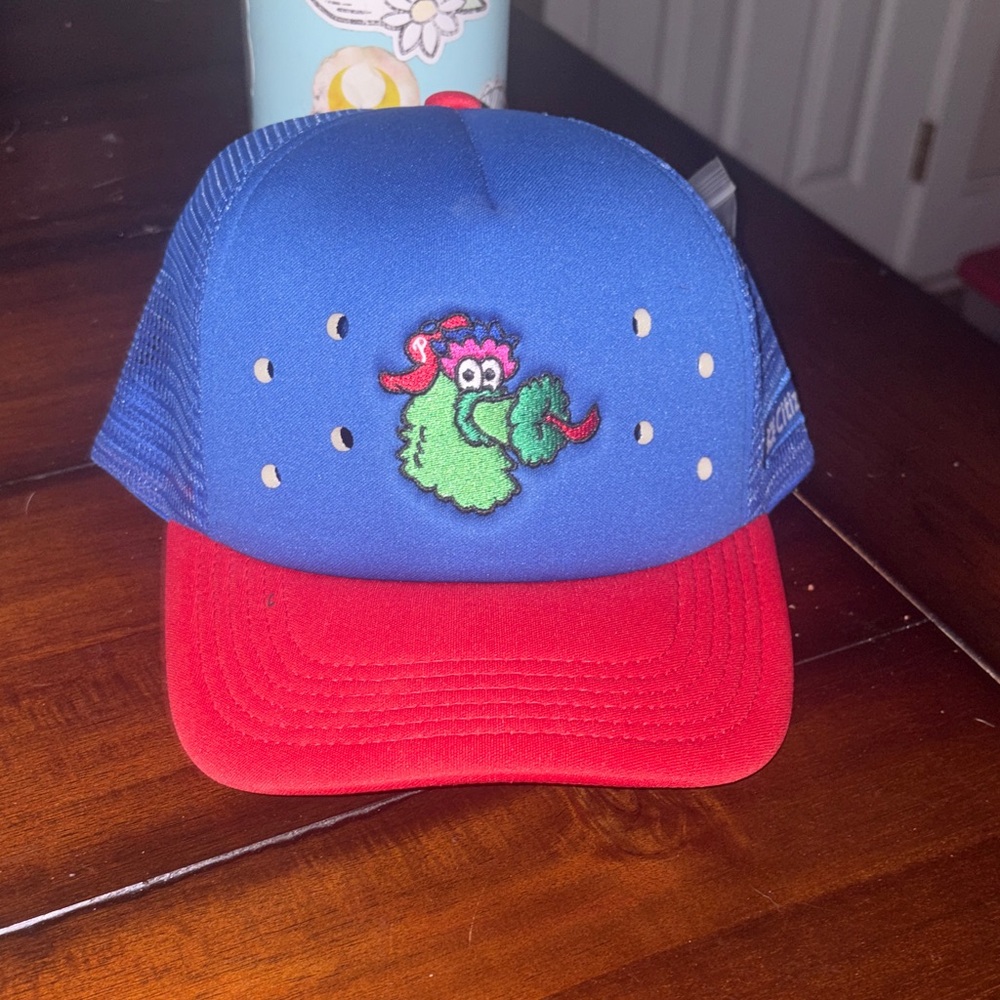 Blue and Red Trucker Hat with Embroidered Design